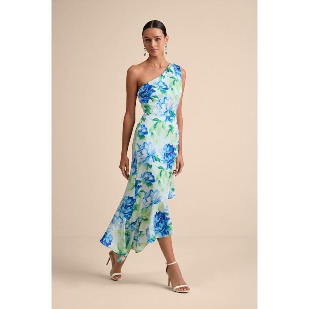 Lulus Divinely Blooming Lime Multi Floral One-shoulder Midi Dress Green - Size M